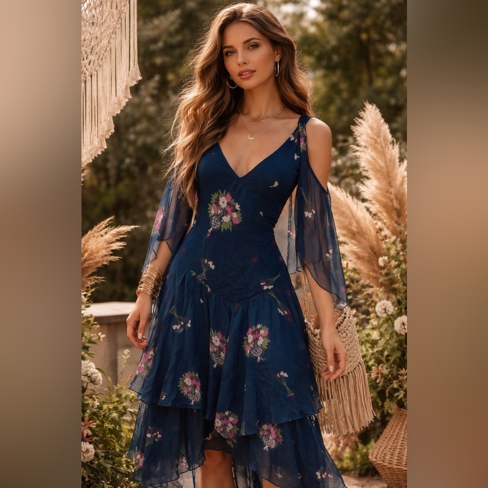 celia birtwell for Express Teal Floral Tiered Maxi Dress 100% silk lining Sz 6 - Picture 4 of 14
